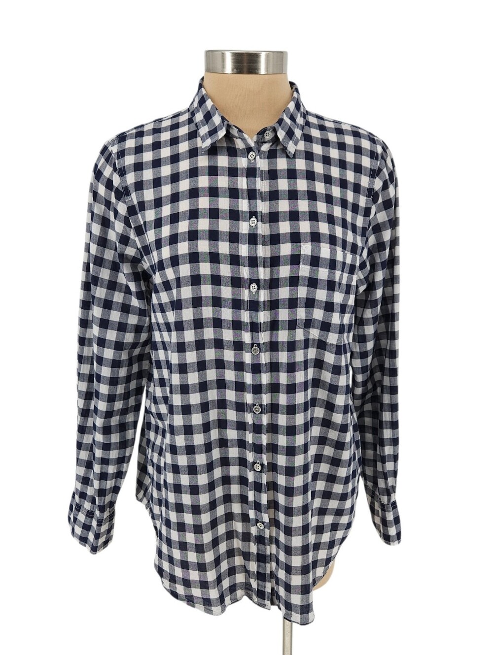 J.CREW Boy Fit Shirt Navy Gingham Long Sleeve Button Up Collared Top Large